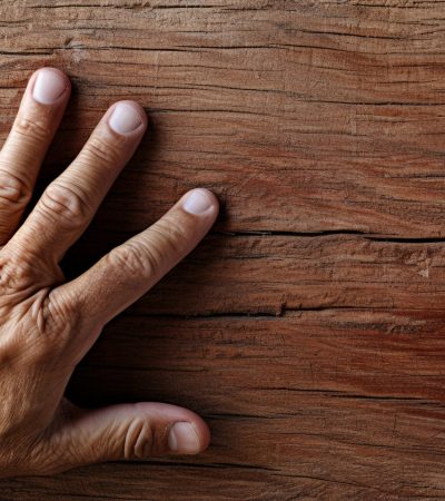 One person hand holding wood, touching nature beauty generated by artificial intelligence